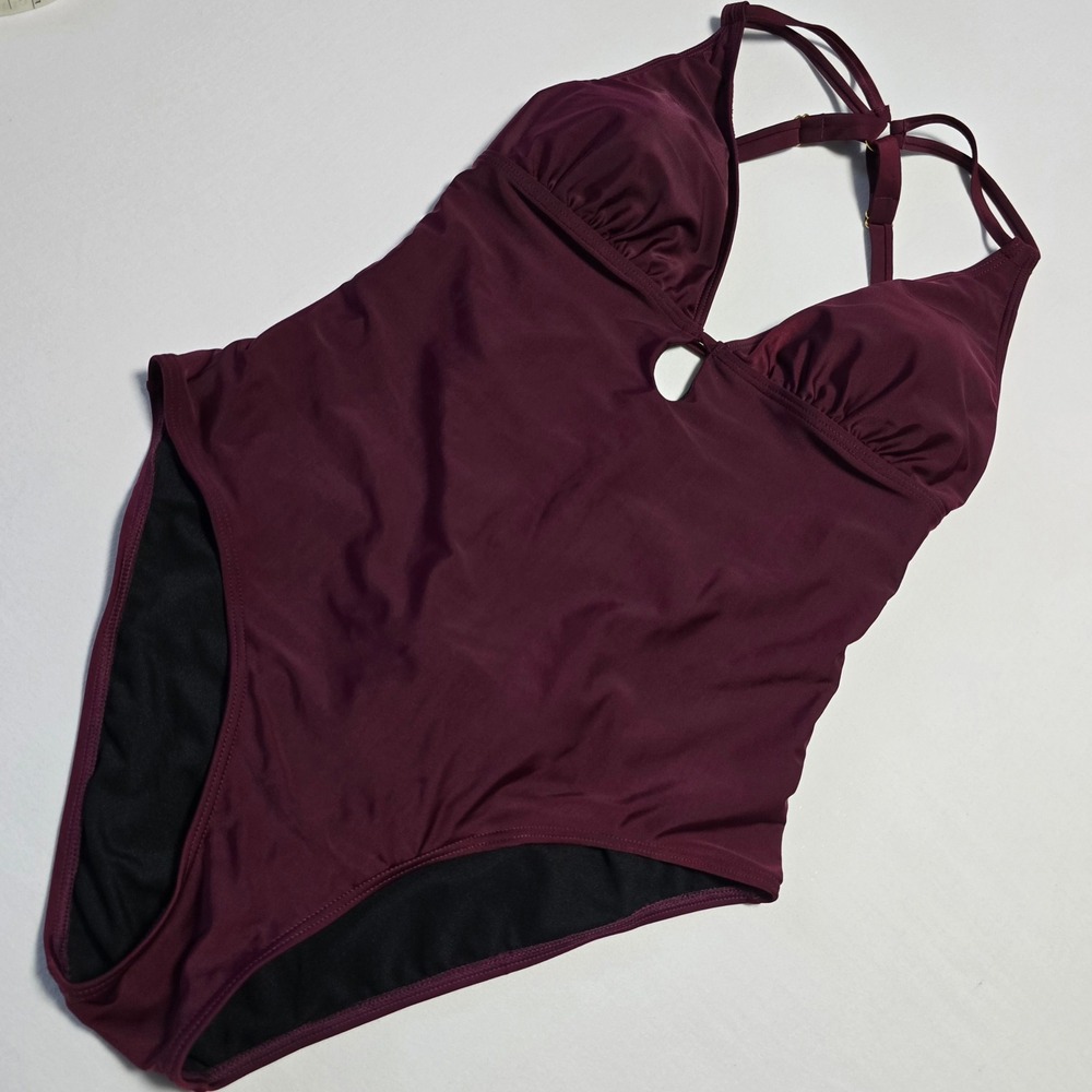 Women's 2XL Burgundy One Piece Swimsuit Lace Up Back Strappy Plunge